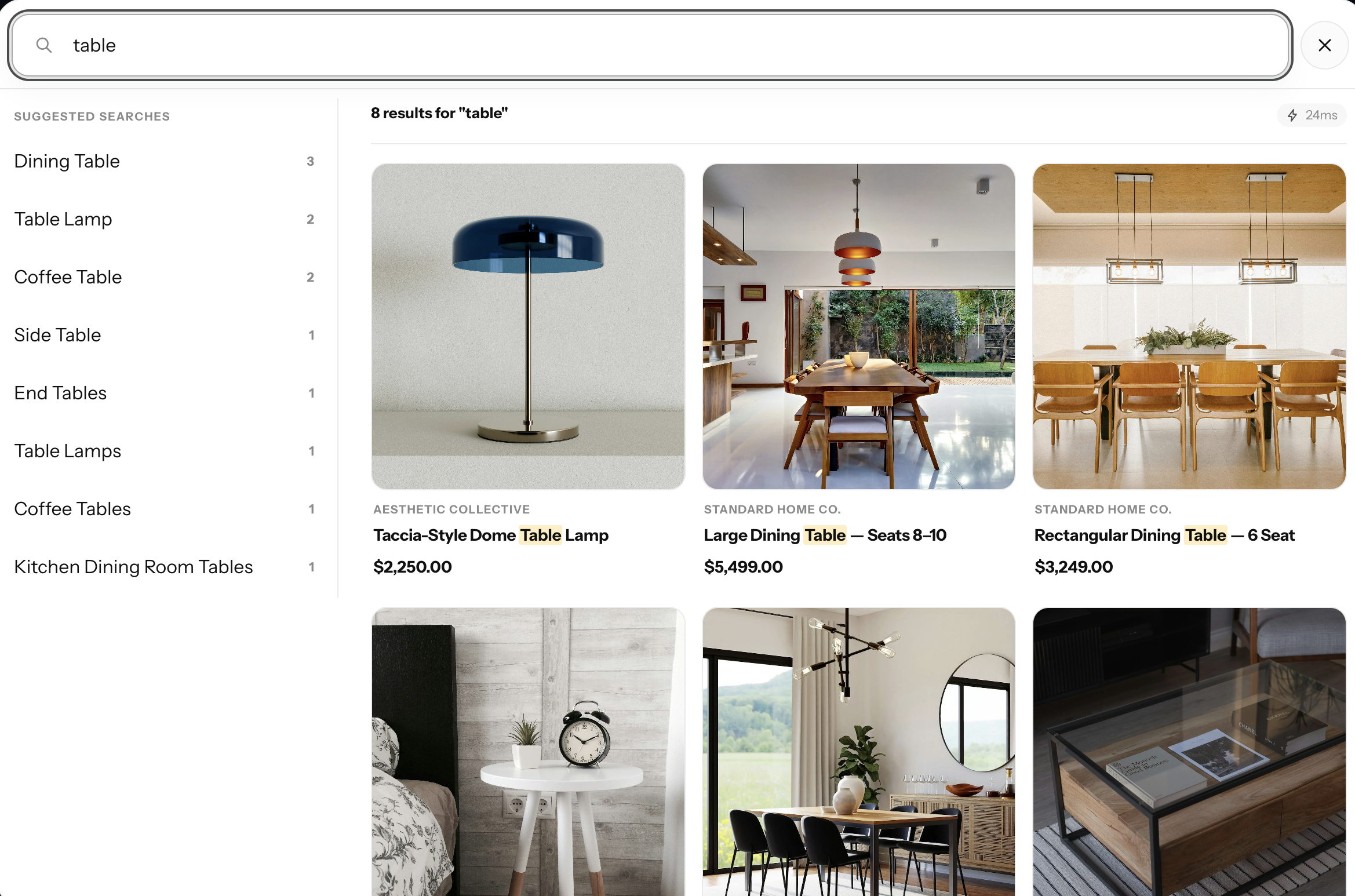 ParticleSearch storefront search showing eight results for table, suggested searches, product cards, prices, and query response time